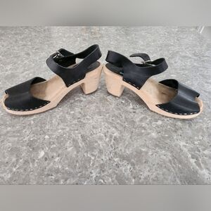 Lotta's from Stockholm size 38 black oiled leather peep toe clogs